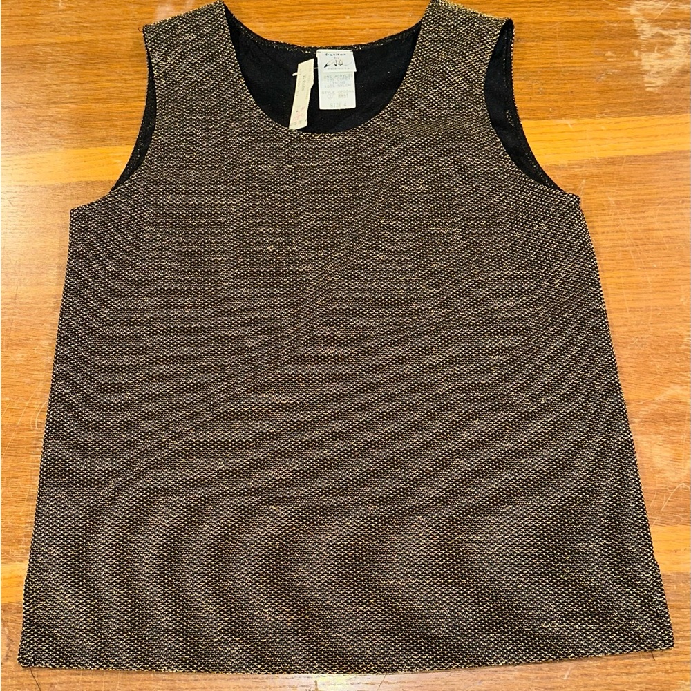 Chic Black Sleeveless Tank Top Gold toned mesh w/ liner VTG Su-Ellen